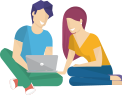 Illustration of people sitting, looking at a laptop and smiling.